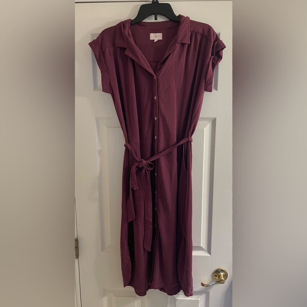 Lou & Grey Dolman Sleeve Two Pocket Shirtdress Purple Maroon Small Button Down